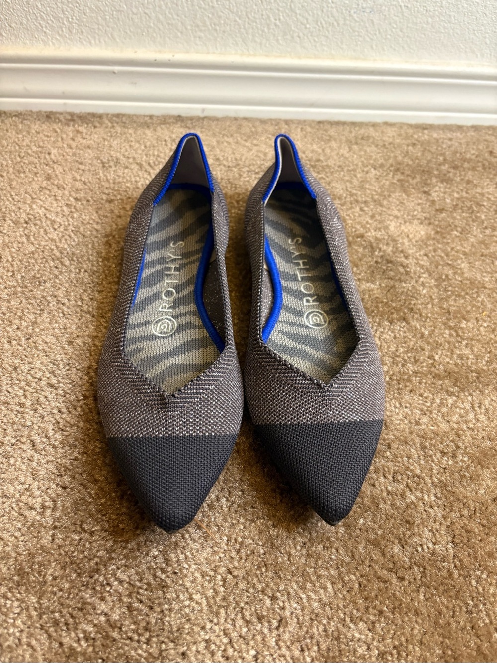 Rothy's Pointed Toe Flats in Charcoal with Black Cap and Blue Trim